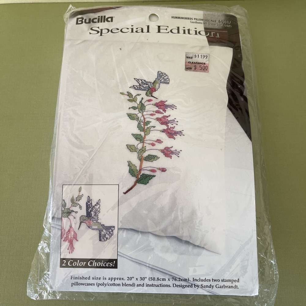 Bucilla Stamped Cross Stitch Kit Pillowcases 64087 Hummingbirds Flowers‎ Set 2